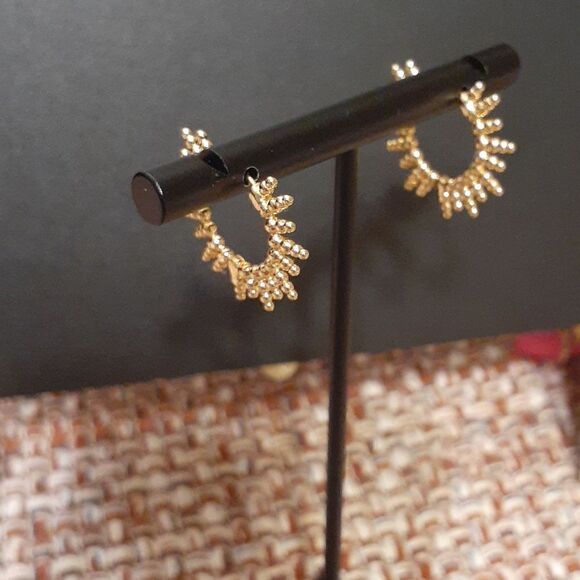 New Gold Tone Sterling Silver Geometric Bead Hoop Earrings New - Picture 5 of 6